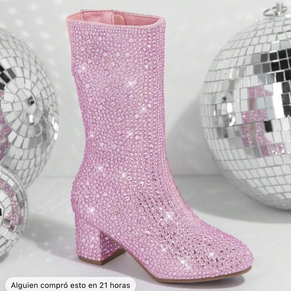 Girls Rhinestone Side Zipper Chunky Heel Boots